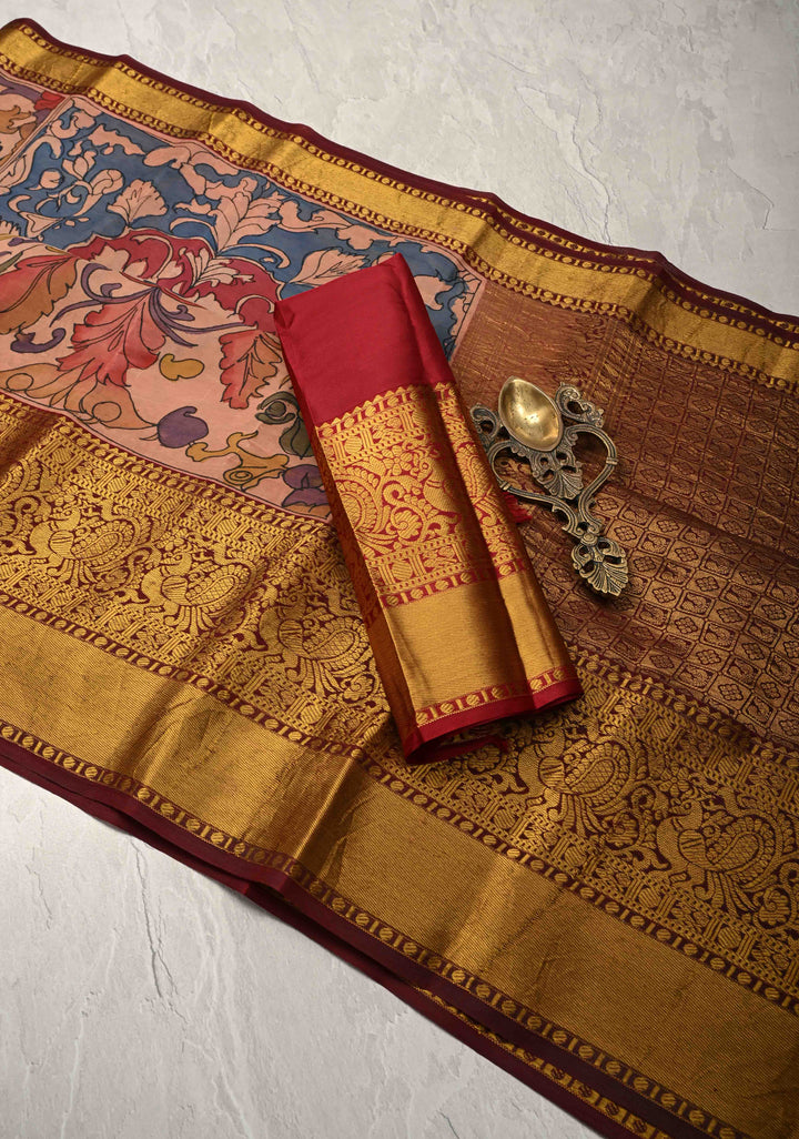 Persian Trellis Design : Authentic Pen Kalamkari on Pure Kanjivaram Silk Saree and Wide Maroon Borders | SILK MARK CERTIFIED