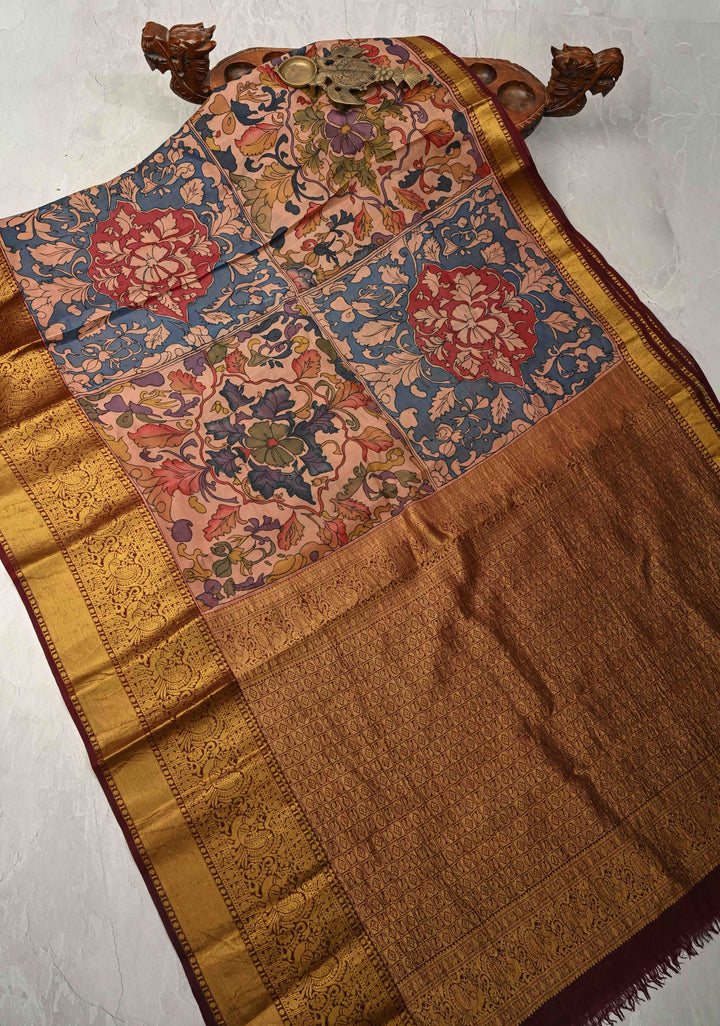 Persian Trellis Design : Authentic Pen Kalamkari on Pure Kanjivaram Silk Saree and Wide Maroon Borders | SILK MARK CERTIFIED
