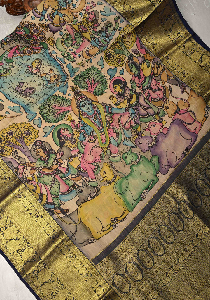 Beautiful Krishna Leela Authentic Pen Kalamkari on Pure Kanjivaram Silk Saree with Two Sides Equal Border | SILK MARK CERTIFIED