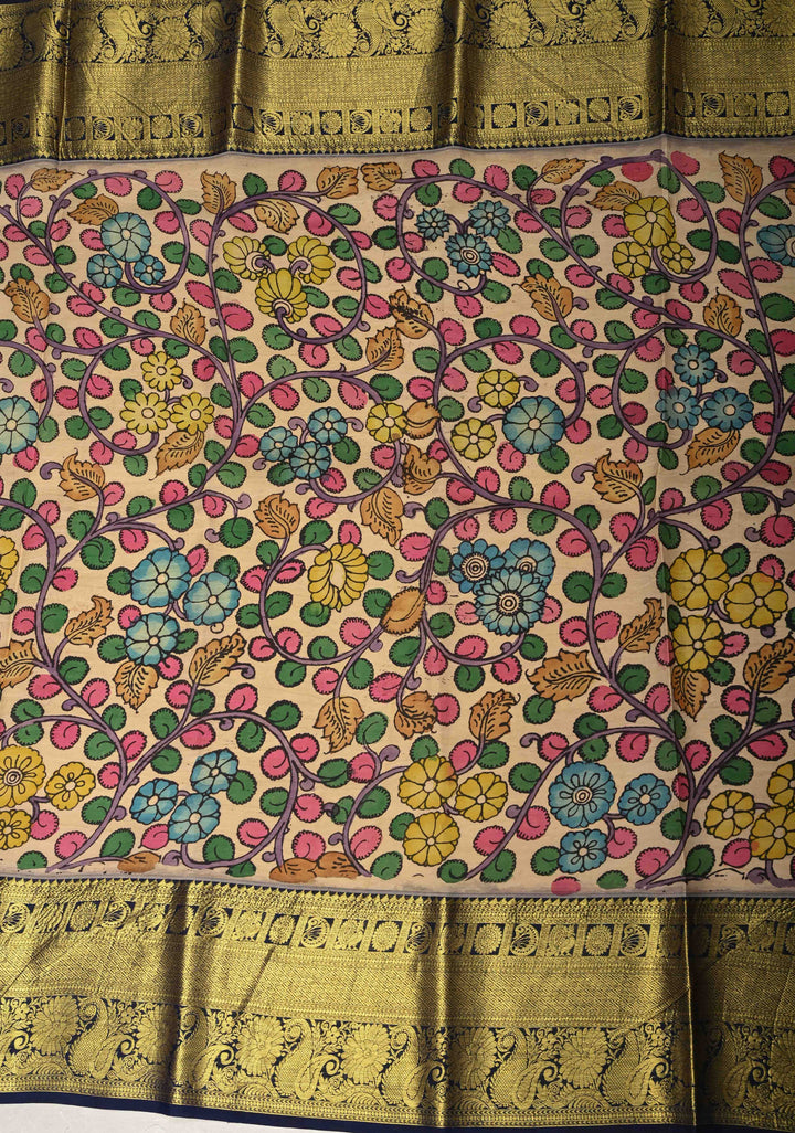 Beautiful Krishna Leela Authentic Pen Kalamkari on Pure Kanjivaram Silk Saree with Two Sides Equal Border | SILK MARK CERTIFIED