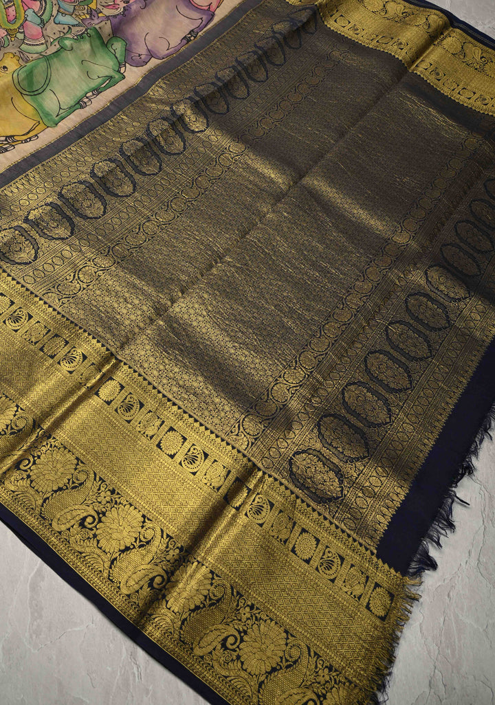 Beautiful Krishna Leela Authentic Pen Kalamkari on Pure Kanjivaram Silk Saree with Two Sides Equal Border | SILK MARK CERTIFIED