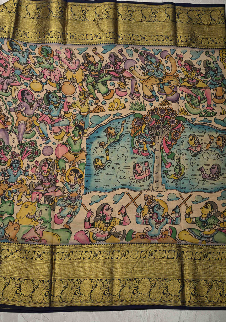 Beautiful Krishna Leela Authentic Pen Kalamkari on Pure Kanjivaram Silk Saree with Two Sides Equal Border | SILK MARK CERTIFIED