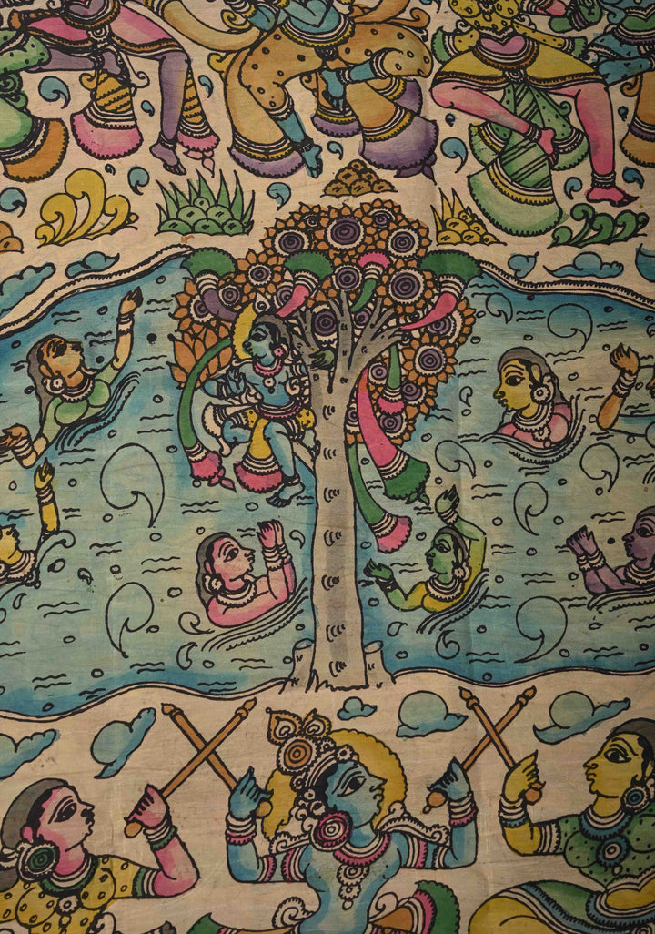 Beautiful Krishna Leela Authentic Pen Kalamkari on Pure Kanjivaram Silk Saree with Two Sides Equal Border | SILK MARK CERTIFIED