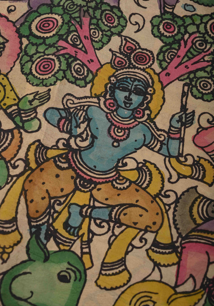 Beautiful Krishna Leela Authentic Pen Kalamkari on Pure Kanjivaram Silk Saree with Two Sides Equal Border | SILK MARK CERTIFIED