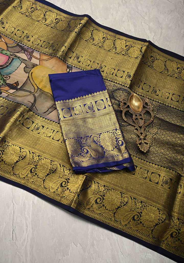 Beautiful Krishna Leela Authentic Pen Kalamkari on Pure Kanjivaram Silk Saree with Two Sides Equal Border | SILK MARK CERTIFIED