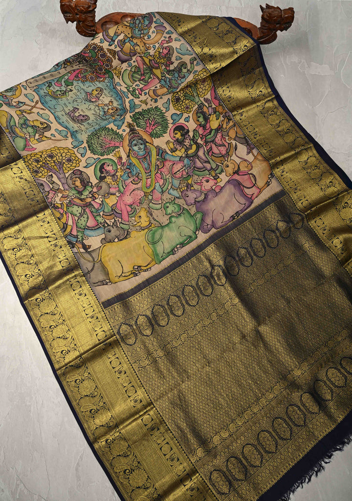 Beautiful Krishna Leela Authentic Pen Kalamkari on Pure Kanjivaram Silk Saree with Two Sides Equal Border | SILK MARK CERTIFIED