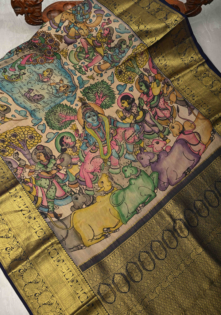 Beautiful Krishna Leela Authentic Pen Kalamkari on Pure Kanjivaram Silk Saree with Two Sides Equal Border | SILK MARK CERTIFIED