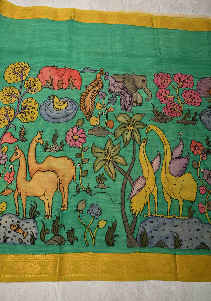DUPATTA : Rama Green Authentic Pen Kalamkari on Mangalagiri Silk Cotton Dupatta with Camel Theme
