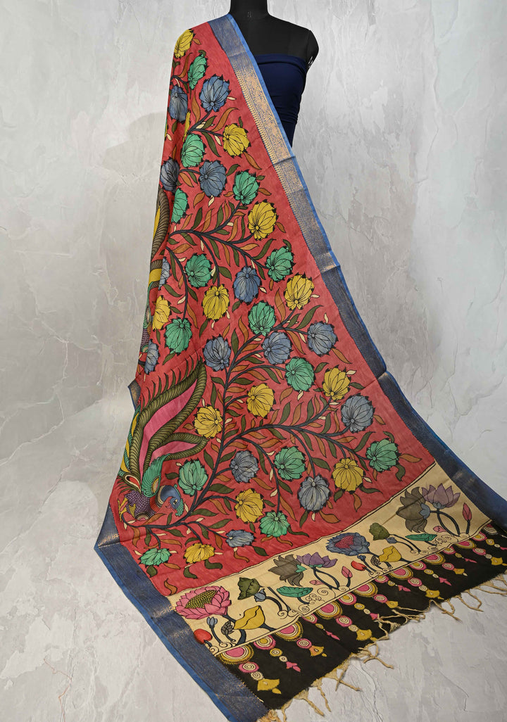 DUPATTA : Coral Pink Authentic Pen Kalamkari on Mangalagiri Silk Cotton Dupatta with Peacock and Floral Theme