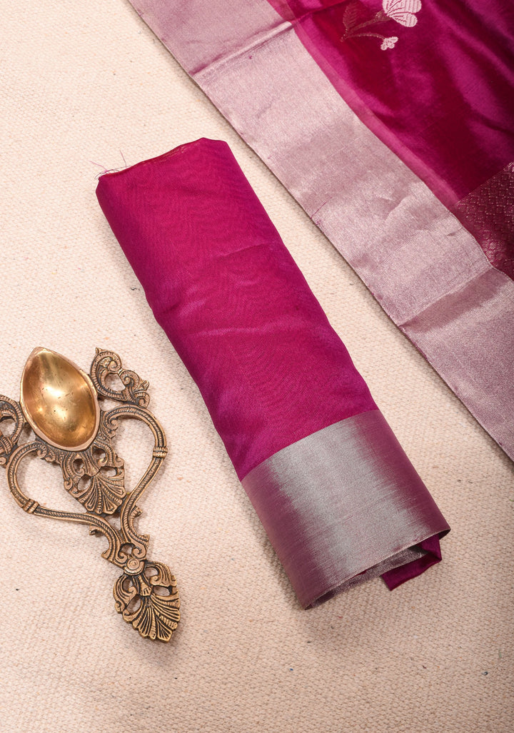 Magenta Chanderi Silk Saree with Floral Buttas and Zari Border