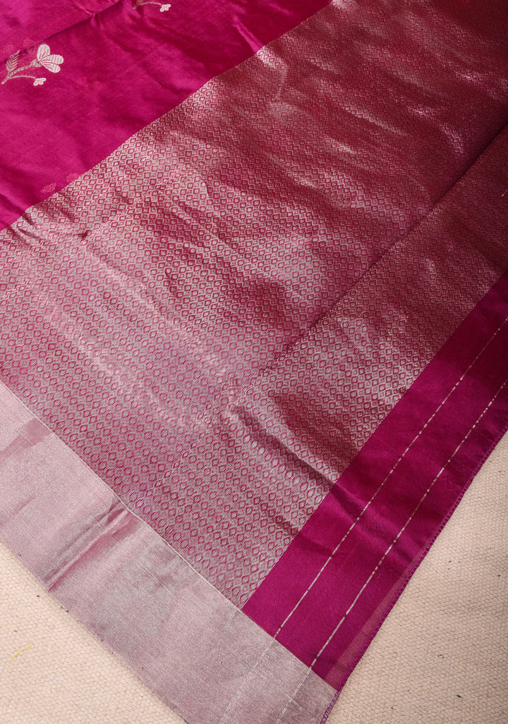 Magenta Chanderi Silk Saree with Floral Buttas and Zari Border