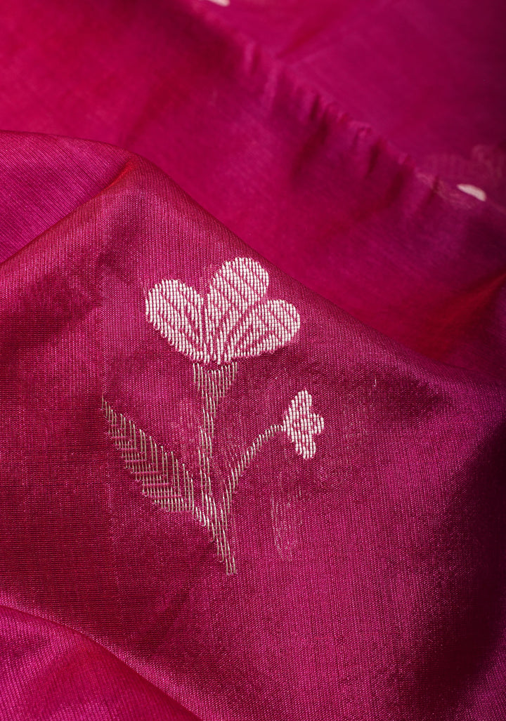 Magenta Chanderi Silk Saree with Floral Buttas and Zari Border