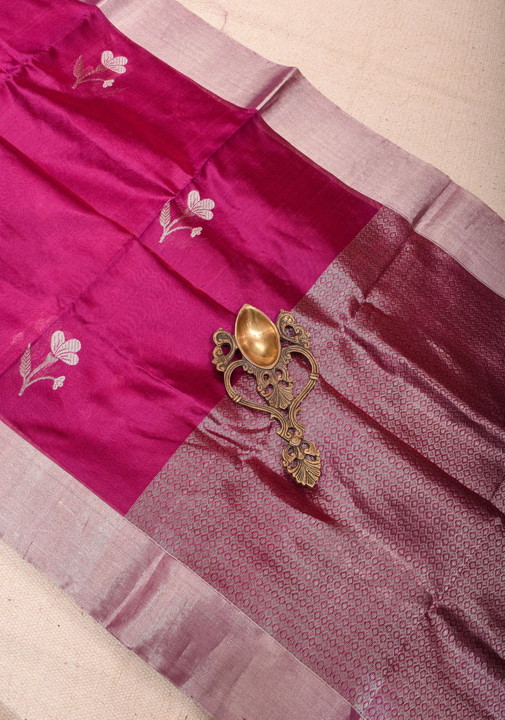 Magenta Chanderi Silk Saree with Floral Buttas and Zari Border