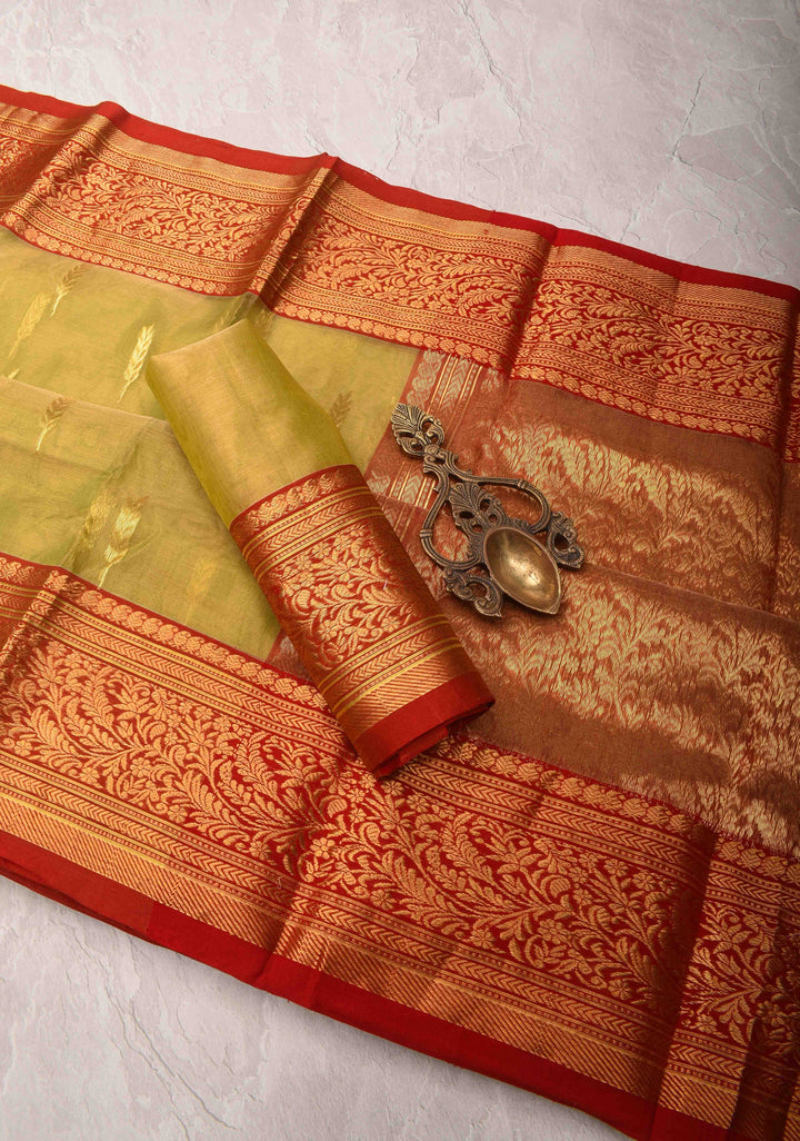 Olive Green Tissue Chanderi Silk Saree with Floral Buttas and Contrast Zari Borders