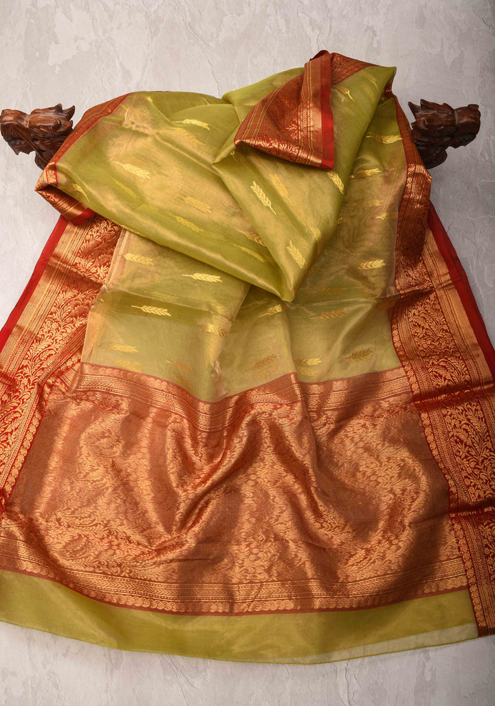 Olive Green Tissue Chanderi Silk Saree with Floral Buttas and Contrast Zari Borders