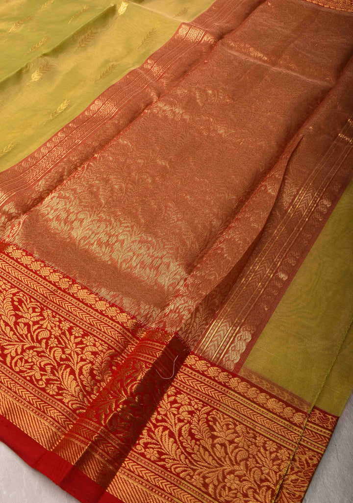 Olive Green Tissue Chanderi Silk Saree with Floral Buttas and Contrast Zari Borders