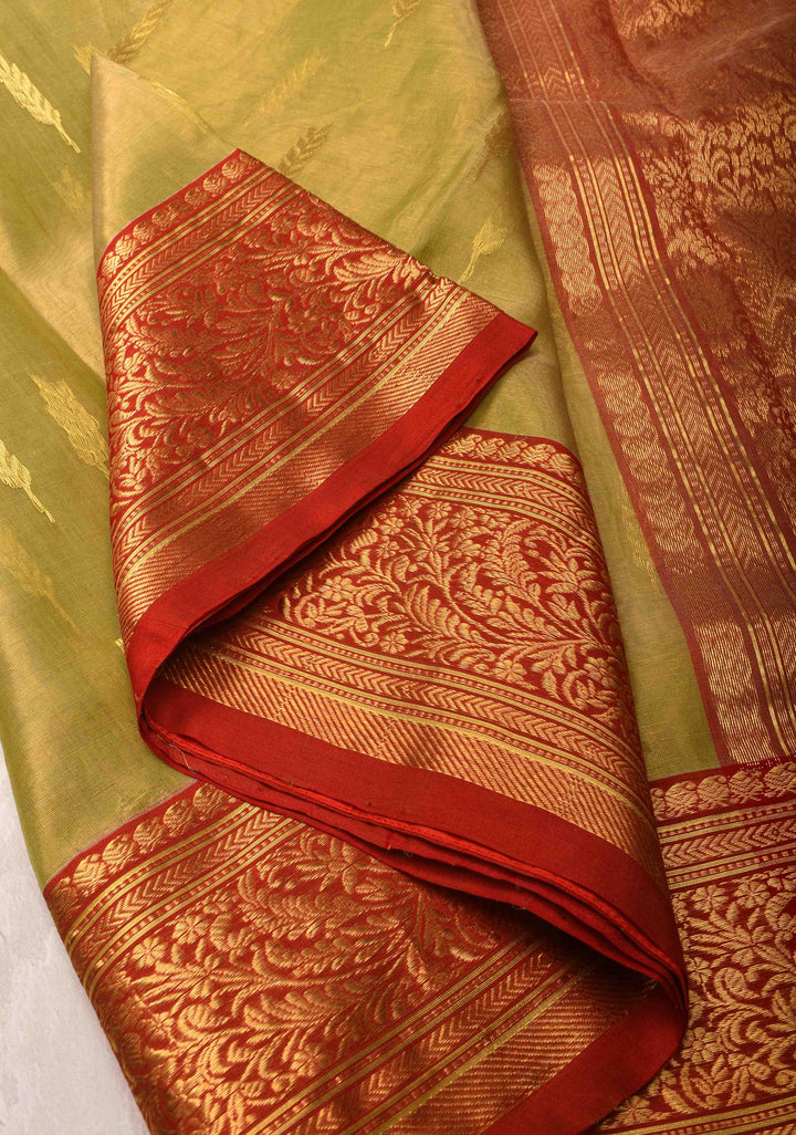 Olive Green Tissue Chanderi Silk Saree with Floral Buttas and Contrast Zari Borders