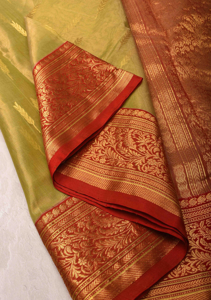 Olive Green Tissue Chanderi Silk Saree with Floral Buttas and Contrast Zari Borders