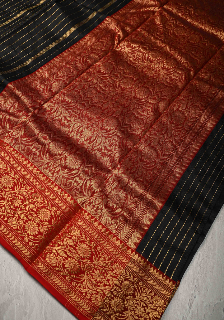 Black Chanderi Silk Saree with Vertical Zari Stripes and Contrast Zari Border