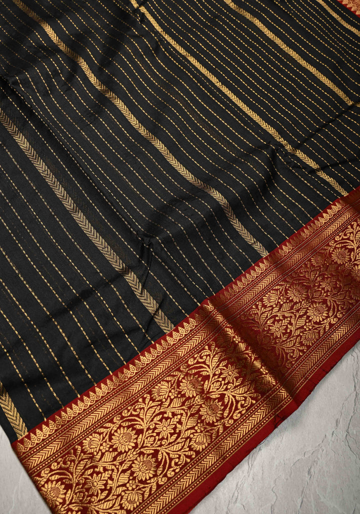 Black Chanderi Silk Saree with Vertical Zari Stripes and Contrast Zari Border