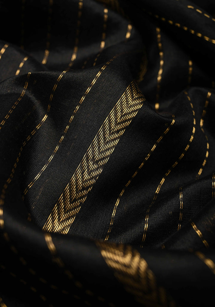 Black Chanderi Silk Saree with Vertical Zari Stripes and Contrast Zari Border