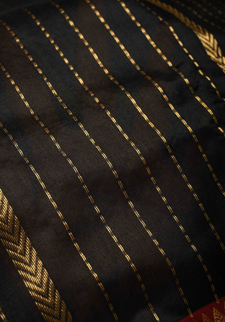 Black Chanderi Silk Saree with Vertical Zari Stripes and Contrast Zari Border