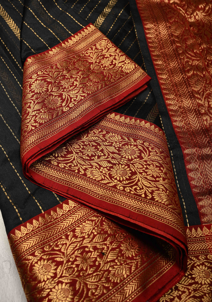 Black Chanderi Silk Saree with Vertical Zari Stripes and Contrast Zari Border