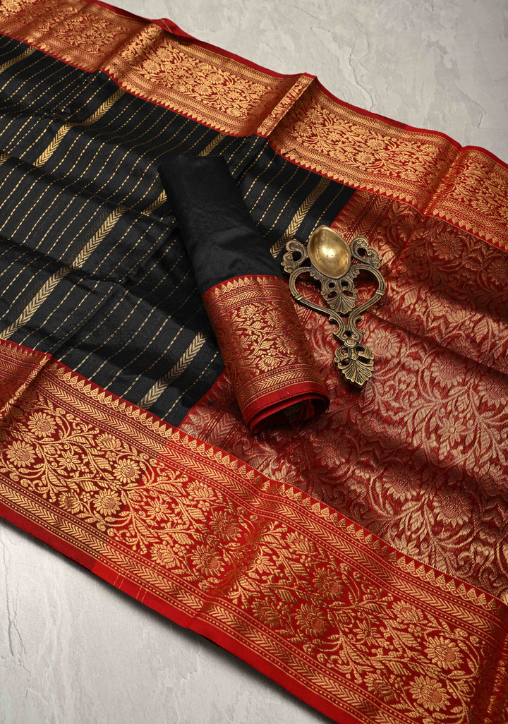 Black Chanderi Silk Saree with Vertical Zari Stripes and Contrast Zari Border
