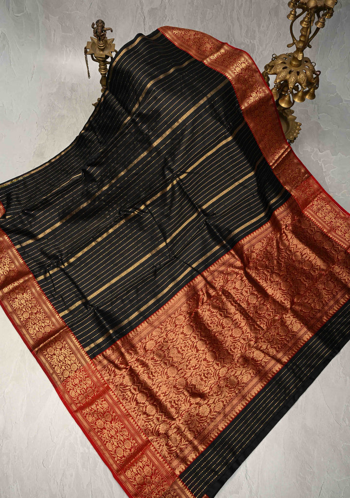Black Chanderi Silk Saree with Vertical Zari Stripes and Contrast Zari Border