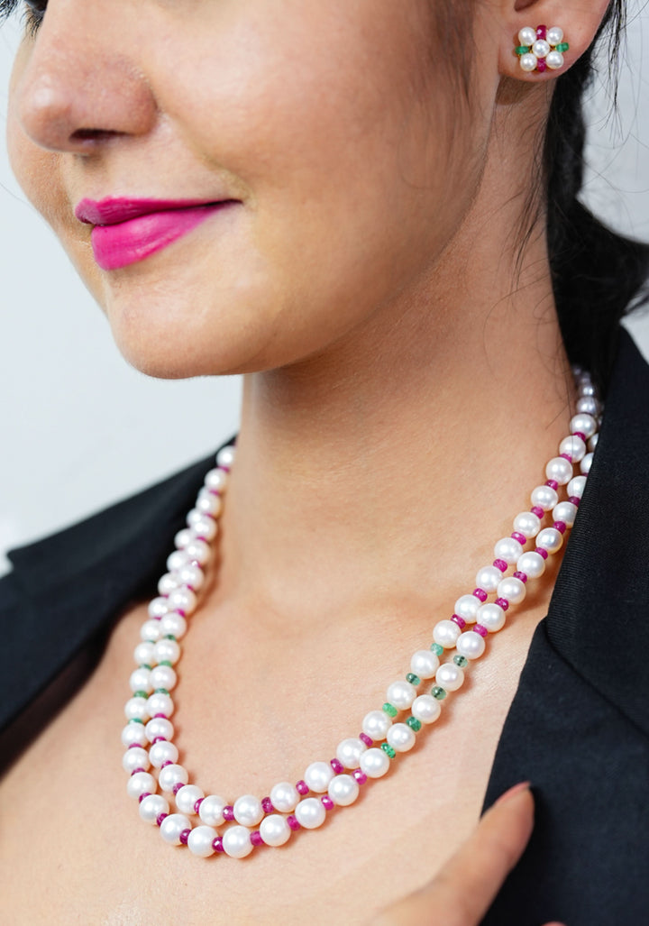 Two Strand Real Pearls Necklace and Earrings with Interlaced Dainty Real Rubies and Emeralds