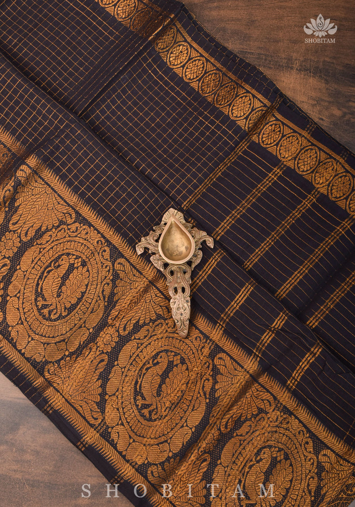 Vidya Balan Special - Black and Gold Madurai Cotton Saree with Zari Checks and Extra Wide Border