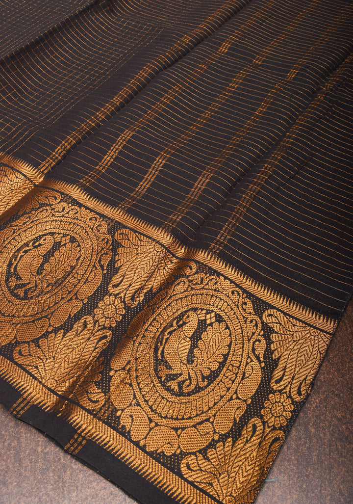 Vidya Balan Special - Black and Gold Madurai Cotton Saree with Zari Checks and Extra Wide Border