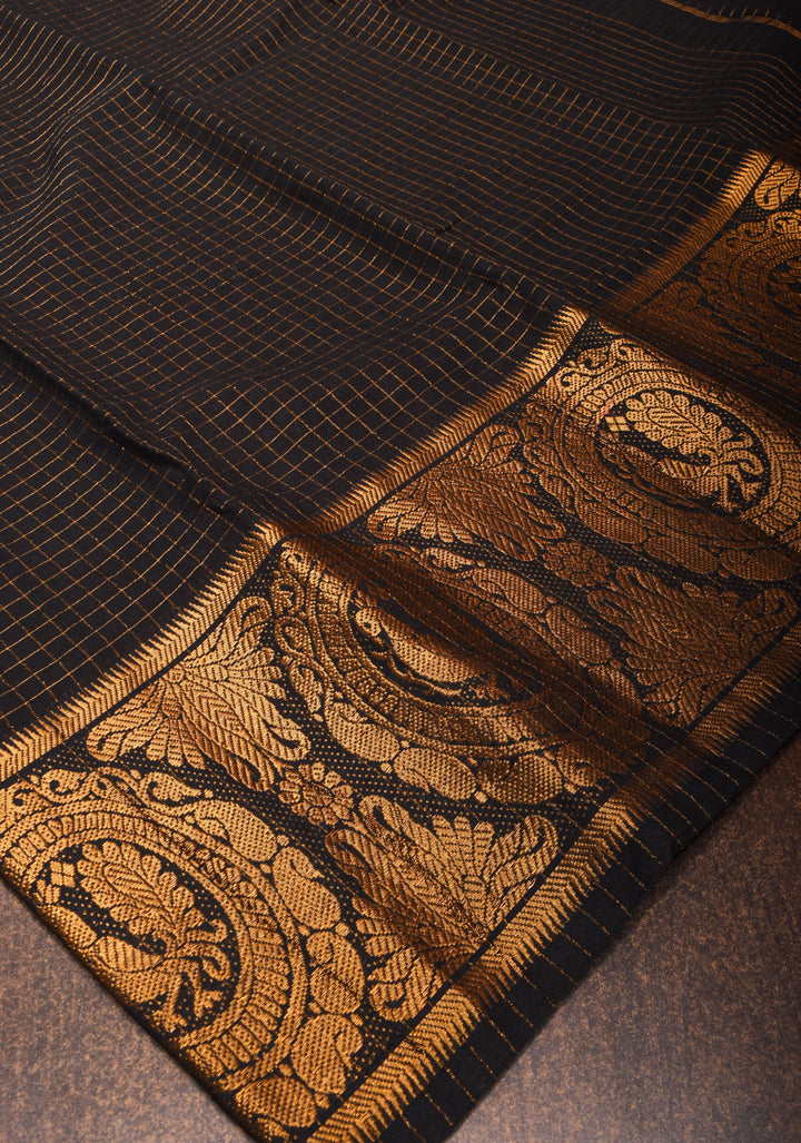 Vidya Balan Special - Black and Gold Madurai Cotton Saree with Zari Checks and Extra Wide Border