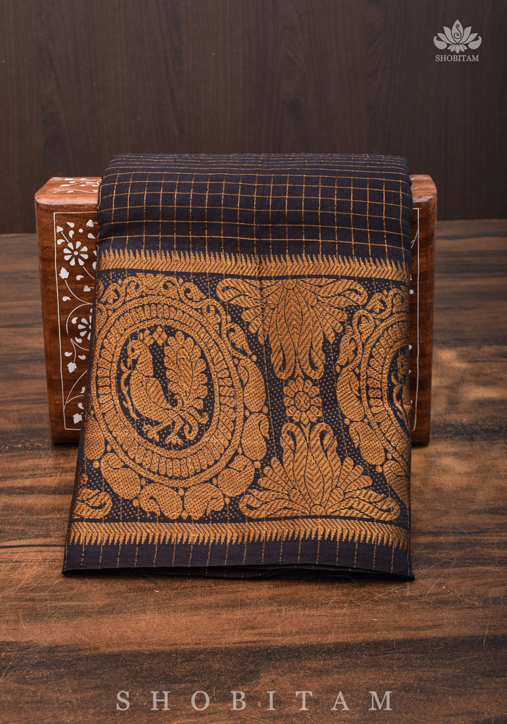 Vidya Balan Special - Black and Gold Madurai Cotton Saree with Zari Checks and Extra Wide Border