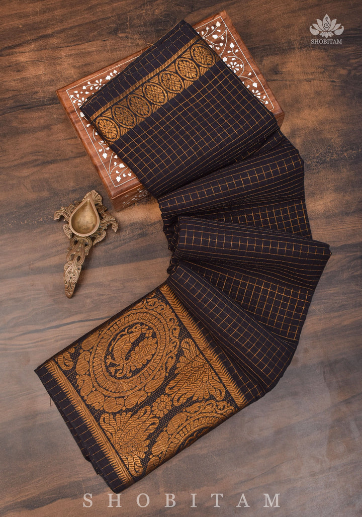 Vidya Balan Special - Black and Gold Madurai Cotton Saree with Zari Checks and Extra Wide Border
