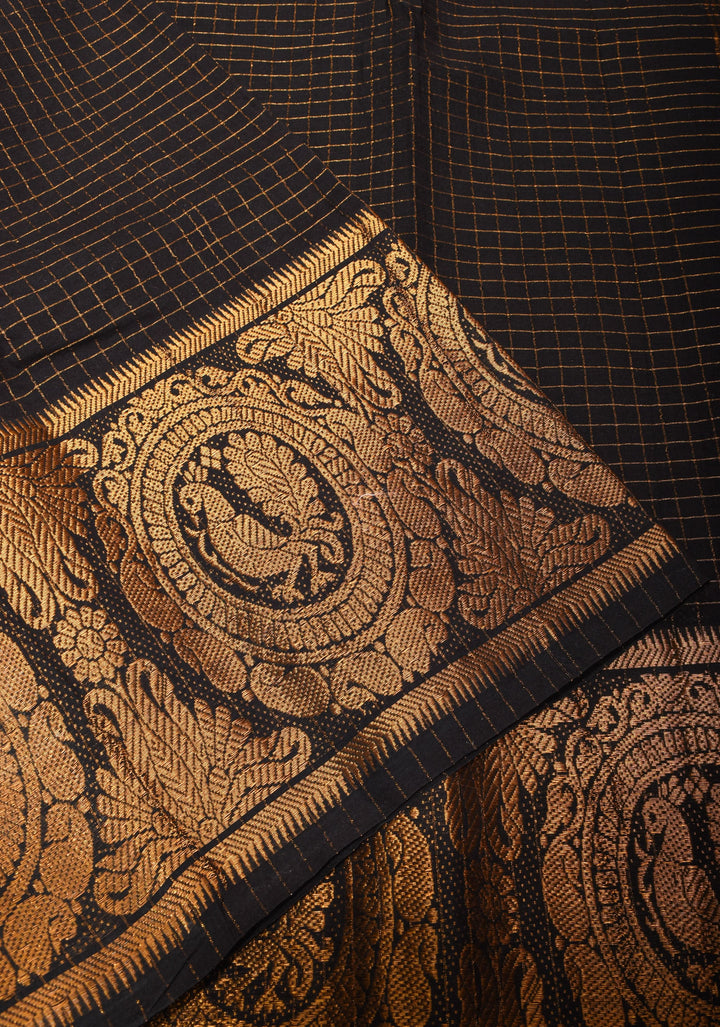 Vidya Balan Special - Black and Gold Madurai Cotton Saree with Zari Checks and Extra Wide Border