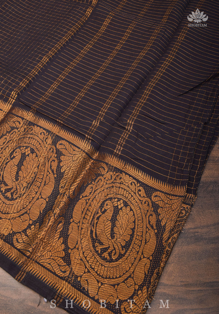 Vidya Balan Special - Black and Gold Madurai Cotton Saree with Zari Checks and Extra Wide Border