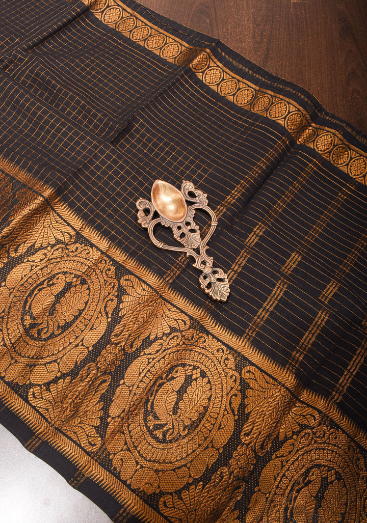 Vidya Balan Special - Black and Gold Madurai Cotton Saree with Zari Checks and Extra Wide Border