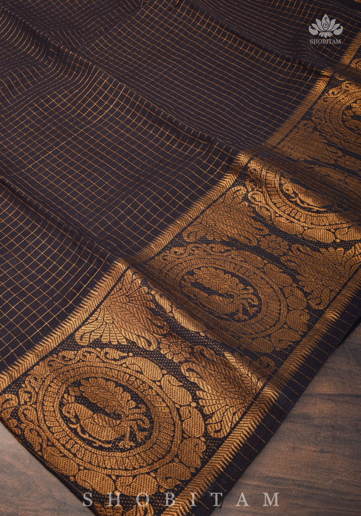 Vidya Balan Special - Black and Gold Madurai Cotton Saree with Zari Checks and Extra Wide Border