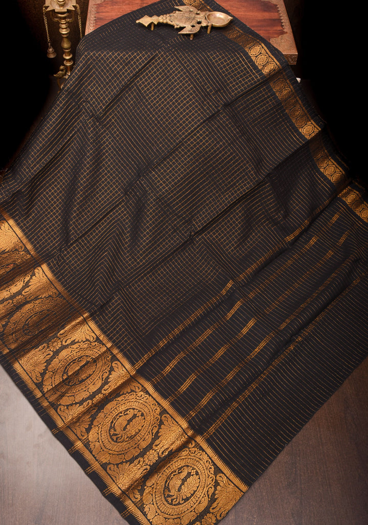 Vidya Balan Special - Black and Gold Madurai Cotton Saree with Zari Checks and Extra Wide Border