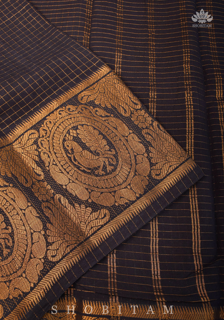 Vidya Balan Special - Black and Gold Madurai Cotton Saree with Zari Checks and Extra Wide Border