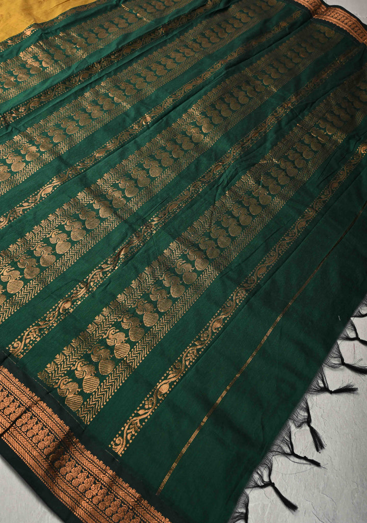 Mustard Yellow Venkatagiri Cotton Silk Saree with Resham Butta and Green Zari Borders and Pallu