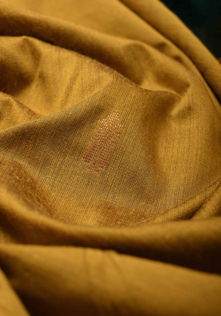 Mustard Yellow Venkatagiri Cotton Silk Saree with Resham Butta and Green Zari Borders and Pallu