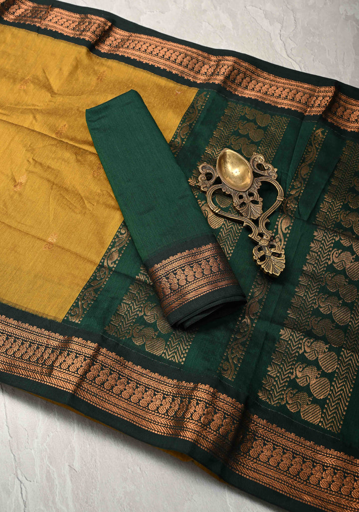 Mustard Yellow Venkatagiri Cotton Silk Saree with Resham Butta and Green Zari Borders and Pallu