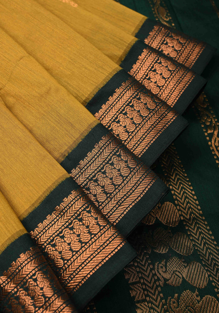 Mustard Yellow Venkatagiri Cotton Silk Saree with Resham Butta and Green Zari Borders and Pallu
