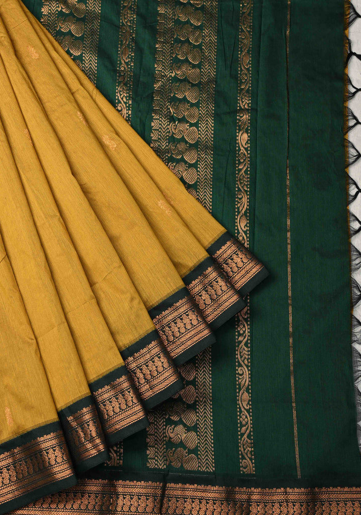 Mustard Yellow Venkatagiri Cotton Silk Saree with Resham Butta and Green Zari Borders and Pallu