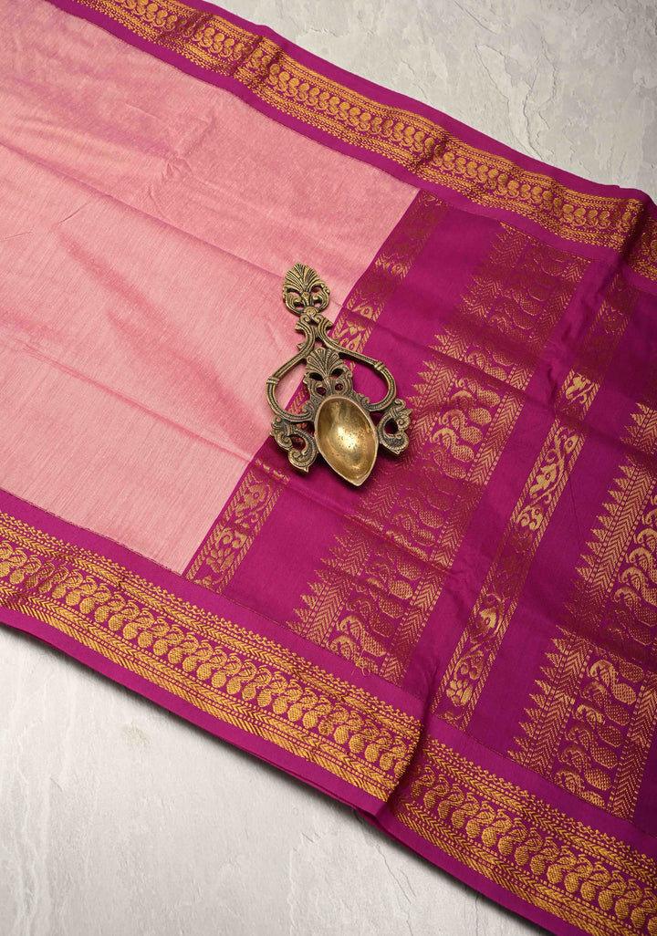 Onion Pink Venkatagiri Cotton Silk Saree with Contrast Zari Border