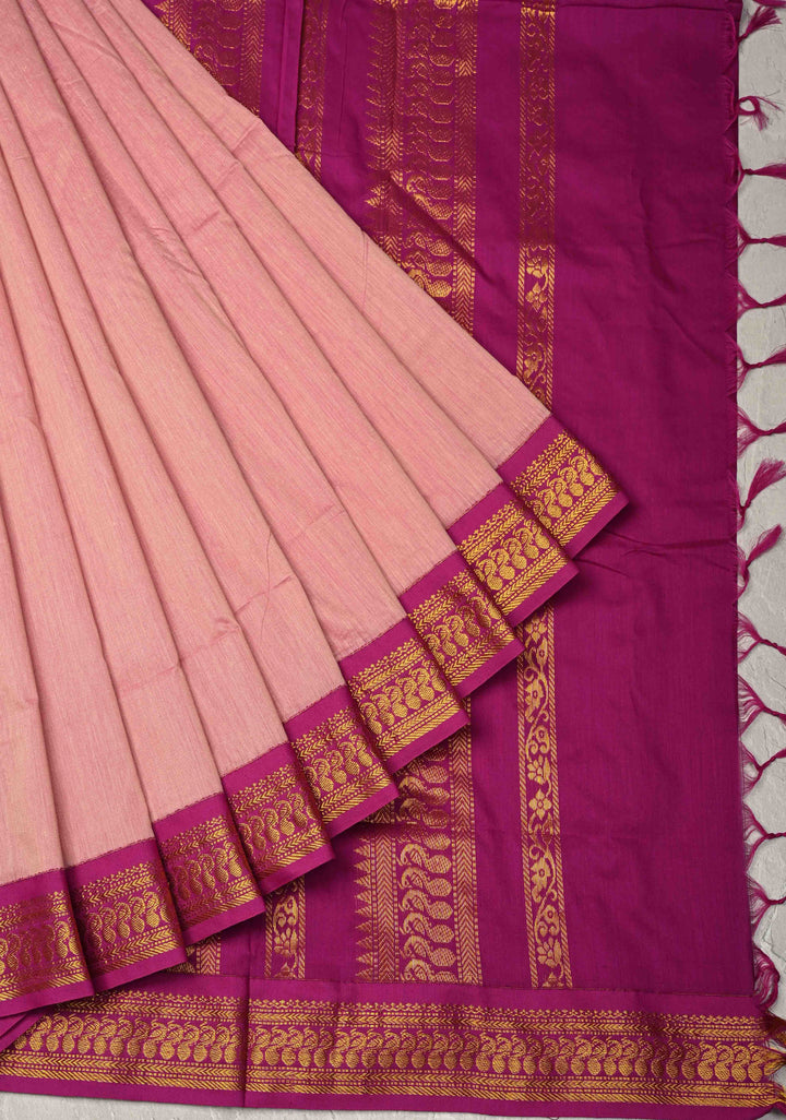 Onion Pink Venkatagiri Cotton Silk Saree with Contrast Zari Border