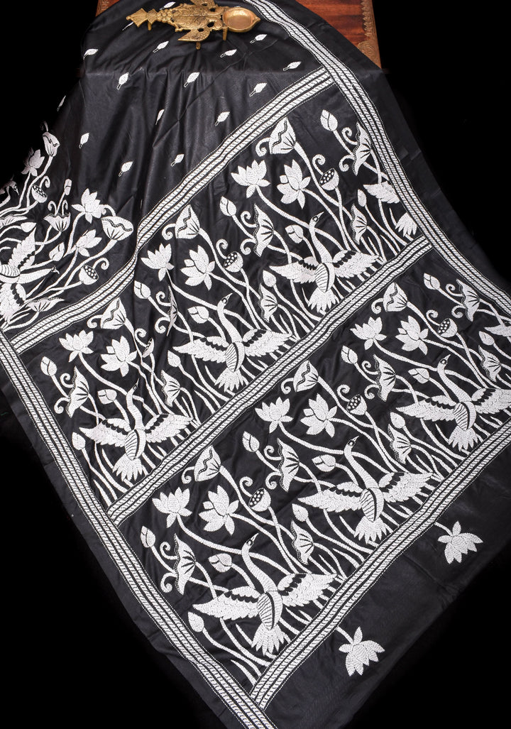 Kantha Embroidery Saree in Black with White Lotus in Art Silk