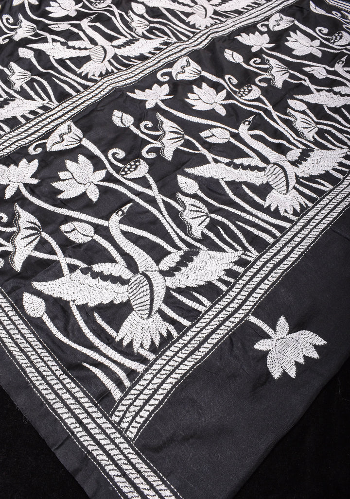 Kantha Embroidery Saree in Black with White Lotus in Art Silk